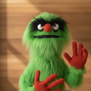 Marioneta de monstruo de tela, pelaje verde neón con manos articuladas.
