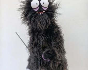 Personalized Puppet, Black Monster with Wooden Rod, Velvet Fabric