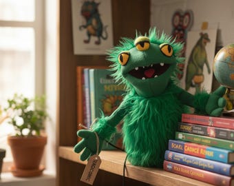 Professional Hand Puppet Monster with Three Eyes, Green Fur and Fleece Fabric