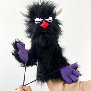 Professional hand puppet monster with fur fabric, rods,  black , suitable , handmade,