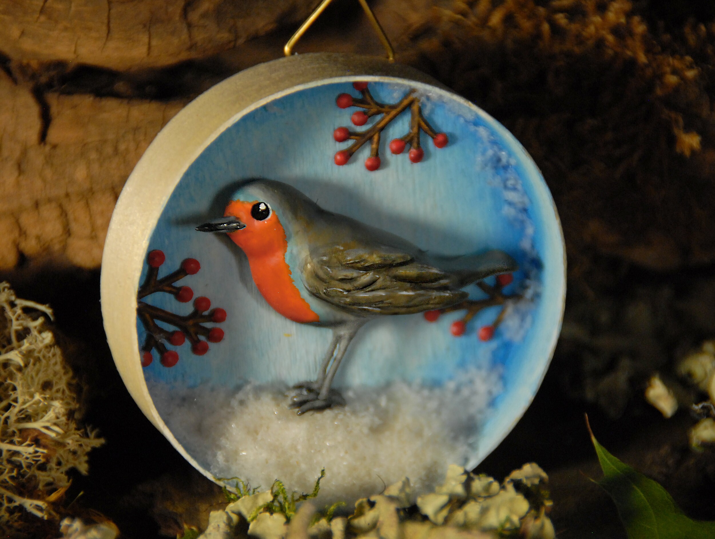 Petit Tableau Rouge Gorge Dans La Neige - Décor Naturel Miniature Diorama Nature Animal Sauvage Idée