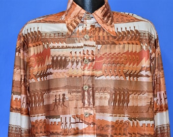 Vintage 70s Charisma All Over Print Disco Shirt Nylon Psychedelic Trippy Groovy Trees Birds Autumn Paisley Tab Collar