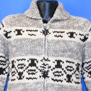 90s Cowichan Tuak Geometric Print Front Pockets Handmade Shawl Neck Wool Sweater Small