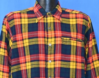 40s Gerhard Kennedy Viyella Flannel Red Blue Yellow Plaid Button Down Shirt Large