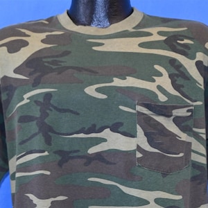 80s Woodland Camo Camouflage Green Brown Army Pocket Tee t-shirt Large