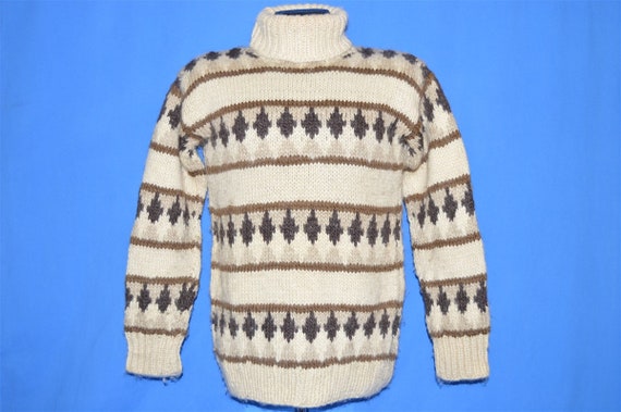 70s Nordic Geometric Wool Turtleneck Sweater Small - image 2