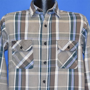 80s Five Brother Blue Brown Plaid Flannel Button Down Shirt Small