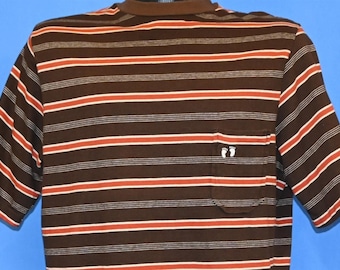 70s Hang Ten Bare Foot Embroidered Logo Striped Surf Pocket t-shirt Large