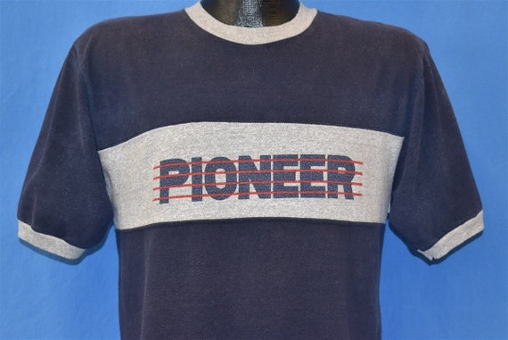 80s Pioneer Blue Gray Stripe Ringer Champion Heat… - image 1