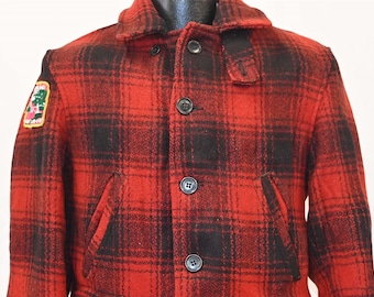 50er Jahre rot-schwarze Buffalo Check karierte Mackinaw-Woll-Jagdjacke Medium