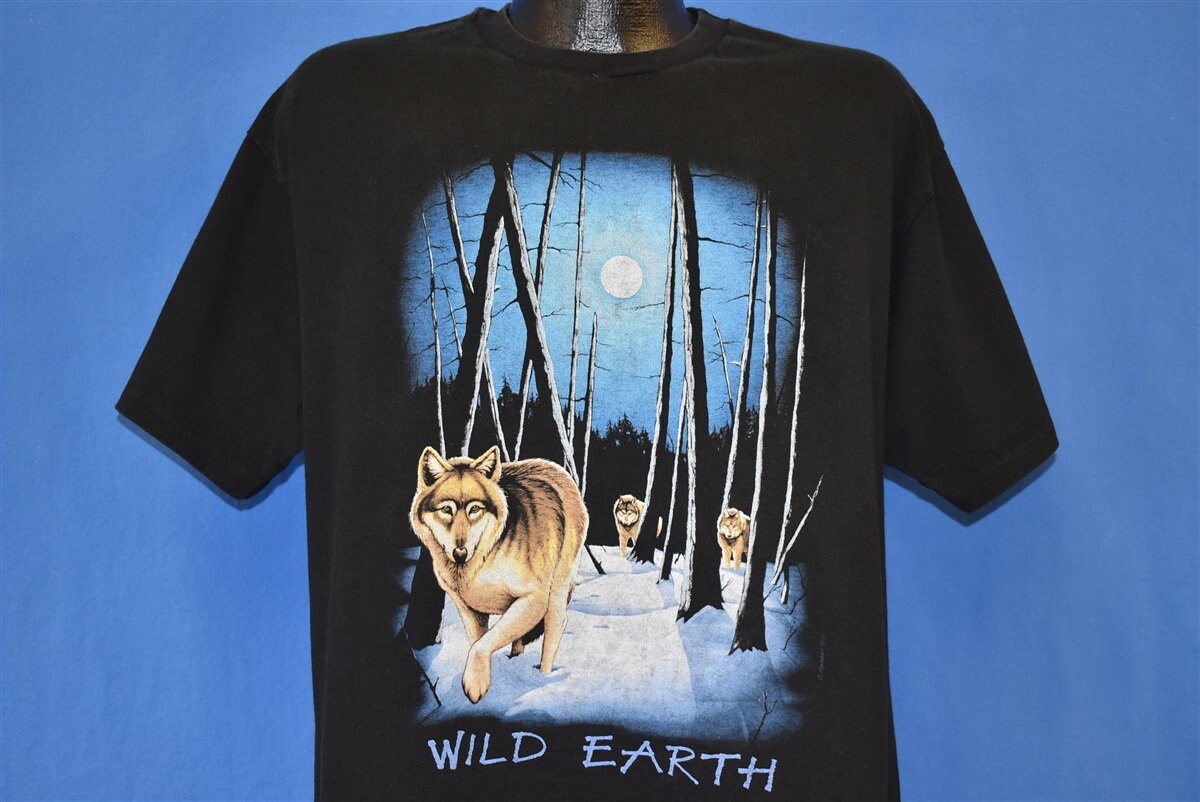 90s Wild Earth Wolves Full Moon Forest Black T-shirt Extra | Etsy