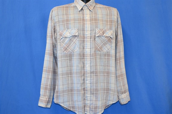 80s Levis Plaid Shirt Off White Brown Blue Button… - image 2