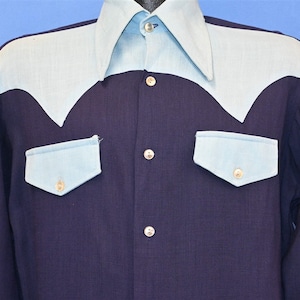 70s California Blue Western Yoke Big Collar Button Down Cowboy Shirt Medium