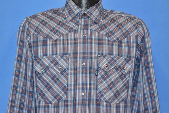 80s Levis Blue Red Silver Western Plaid Pearl Snap