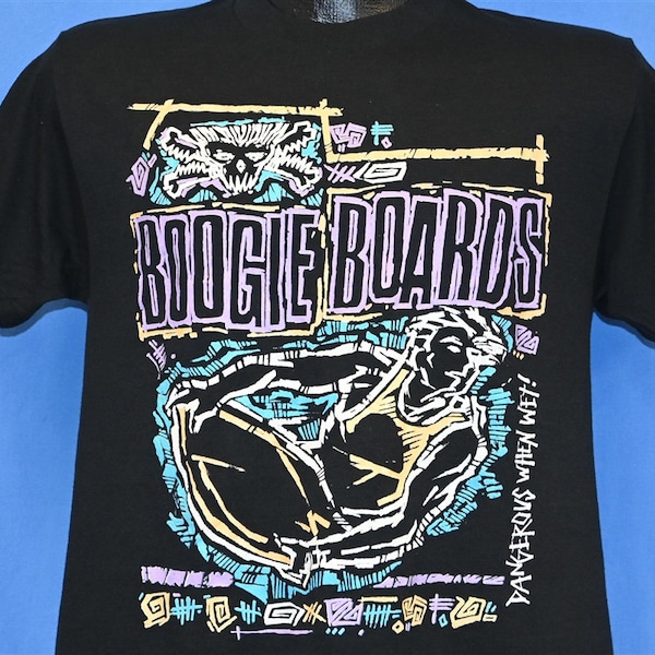 80s Boogie Boards Boarding Dangerous When Wet Neon Waves t-shirt Medium