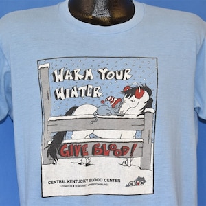80s Warm Your Winter Give Blood Kentucky Horse t-shirt Large