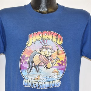 80s Hooked on Fishing Iron On Cartoon Funny Angler Fisherman t-shirt Medium