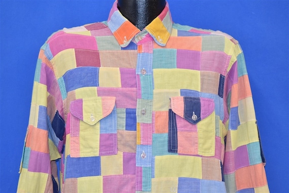 80s Multi Color Madras Patchwork Men's Shirt Mediu