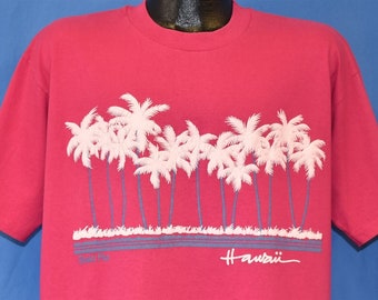 80s Hawaii Palm Trees Puffy Paint Fuchsia Tourist T-Shirt Extra Large