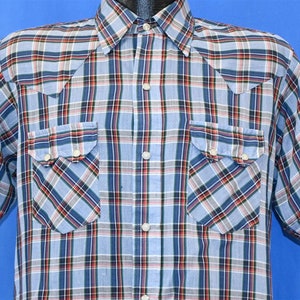 80s Dee Cee Plaid Blue Red Brown Yellow Diamonds Western Pearl Snap Cowboy Shirt Medium