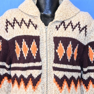 60s Cowichan Geometric Diamond Pattern Zip Up Heavy Wool Cardigan Sweater Small