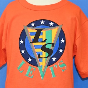 90s Levi&#39;s Levi Strauss LS Brand Logo Orange Stars t-shirt Youth Small