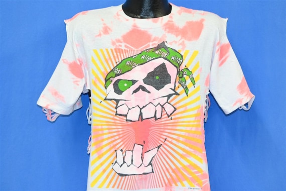 90s Skull Tie Dye Cut up White Puffy Paint DIY Modified T-shirt Large 