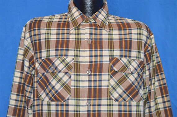 70s Brown Blue Plaid Button Down Shirt Medium - image 1