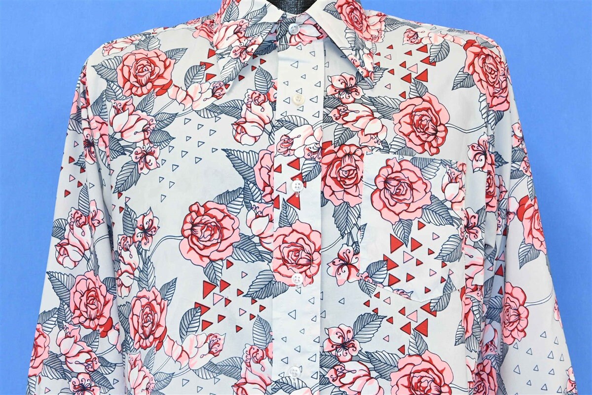 70s Cascade Neon Pink Roses Floral Pattern Gray Polyester Big Collar Disco Shirt Medium
