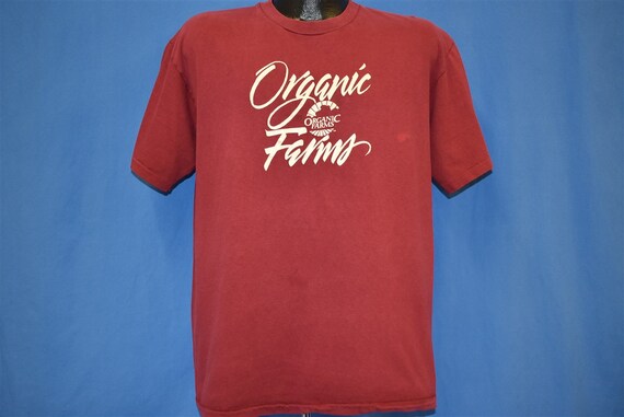 90s Organic Farms Logo Maroon Red Hanes t-shirt E… - image 2