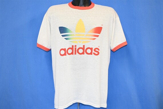 80s Adidas Rainbow Trefoil Spellout Ringer t-shir… - image 2