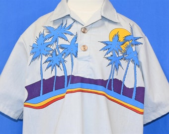 70er Jahre Wrangler Beach Sunset Palmen Hibiskus Blumen Gestreiftes Poloshirt Jugend Medium