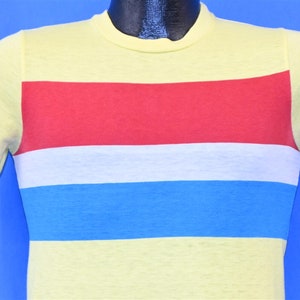 70s Yellow Red White Blue Colorblock Horizontal Striped t-shirt Youth Medium