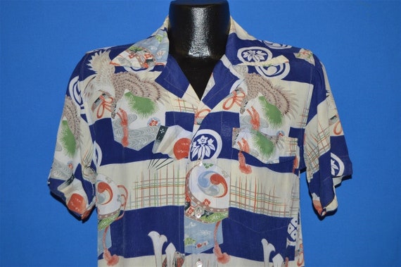 50s Bird Print Rayon Aloha Hawaiian Shirt Medium