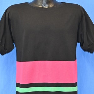 80s Black Pink Green Striped Pull Over Chesterfield Skate Surf t-shirt Medium
