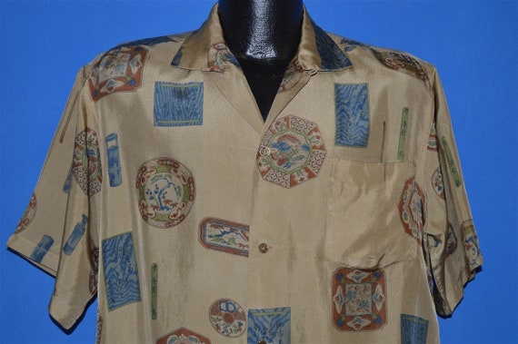 50s Silk Tribal Print Hawaiian Shirt Large