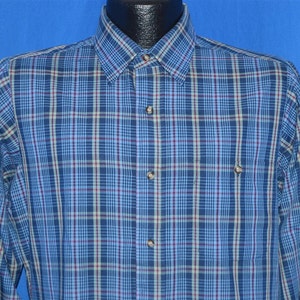 80s Blue Gray Plaid Button Down Shirt Medium