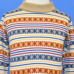 70s Health-Tex Beige White Gold Red Geometric Stripes Turtleneck t-shirt Youth Small