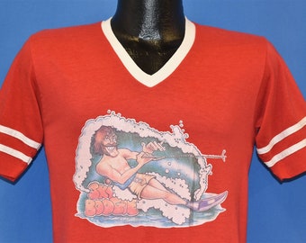 70er Jahre Ski Boogie Wasserski Aufbügler rot V-Ausschnitt Jersey T-shirt klein