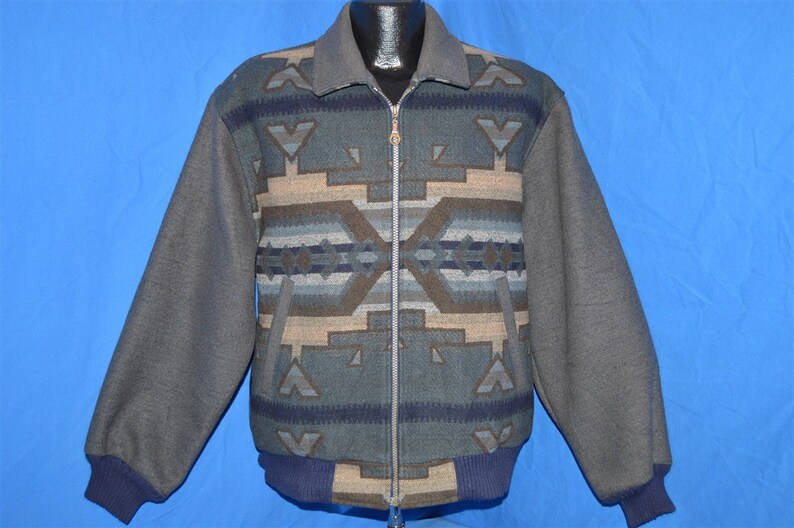 90s Pendleton Gray Native American Geometric Bomber Wool Jacket Medium Vintage