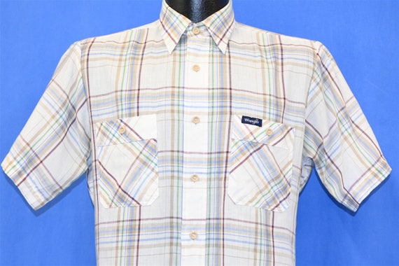 80s Wrangler White Blue Green Brown Plaid Tapered… - image 1