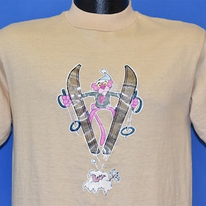 80s Pink Panter Skiing Glitter Iron On Cartoon Funny t-shirt Medium