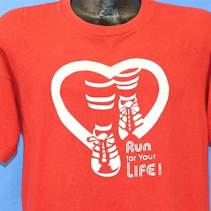 80s Run For Your Life Heart Champion Blue Bar Red t-shirt Large