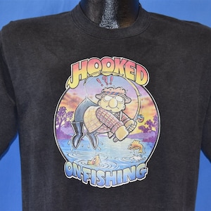 80s Hooked on Fishing Iron On Funny Cartoon Fisherman Humor t-shirt Medium