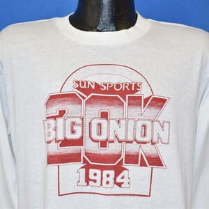 Camiseta Sun Sports da Big Onion 20K Run dos anos 80, tamanho médio, vintage