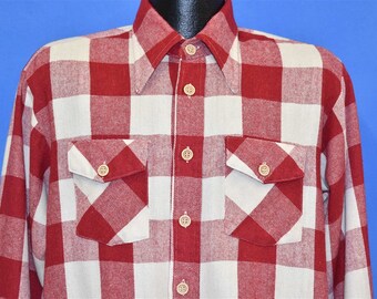 80s Red White Check Plaid Button Front Shirt Large