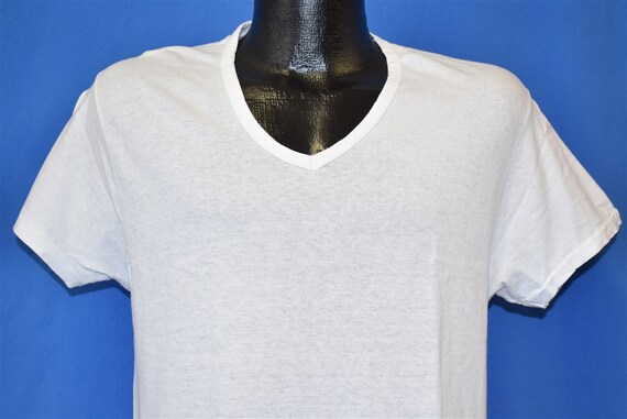 70s Plain White V-Neck Hanes Blank t-shirt Medium