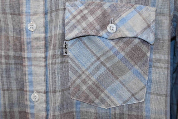 80s Levis Plaid Shirt Off White Brown Blue Button… - image 3