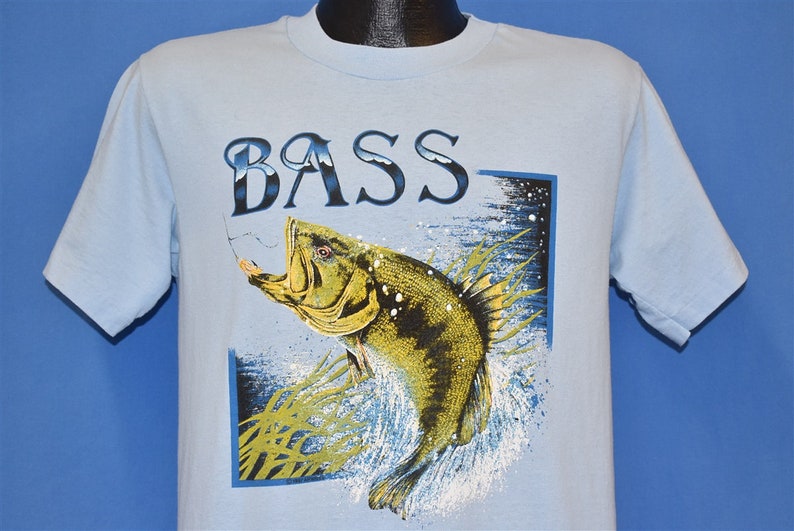 90s Largemouth Bass Fish Fisherman Angler Fishing Blue t-shirt Medium