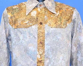 70s Calif Alphonse Mucha Art Nouveau Western Floral Disco Shirt Small